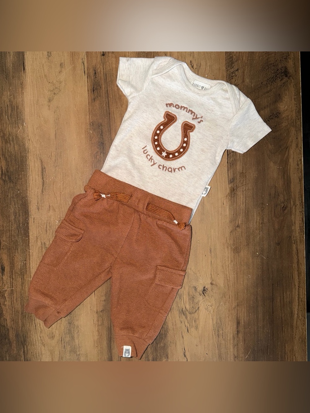 Mommy's Lucky Charm Baby Bodysuit & Rust Cargo Joggers Set